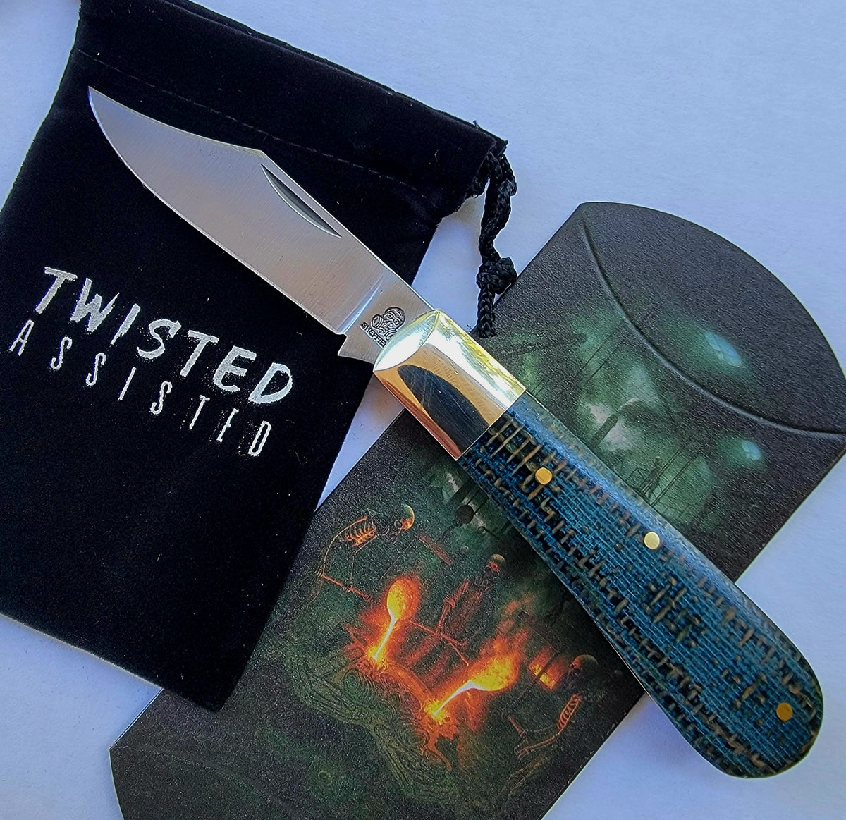 Clip Point Barlow Blue Denim Burlap Micarta